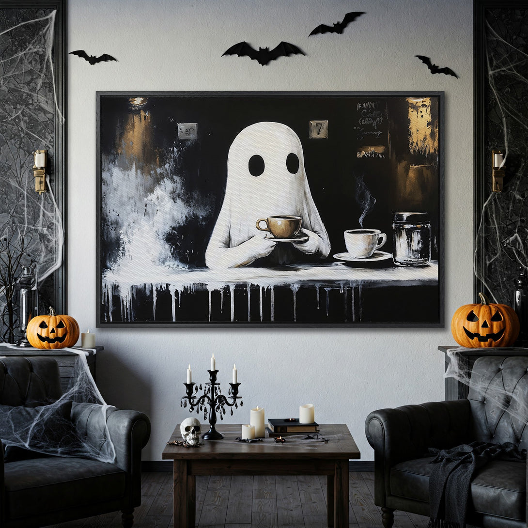 Framed Wall Art: Ghost enjoying coffee, Halloween decor. Black, white, and gold abstract painting. Perfect for spooky season!