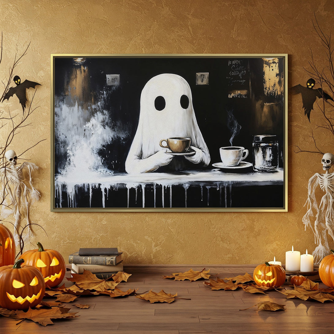Halloween Canvas Print: Spooky ghost art in black & white, with orange accents. Perfect for adding a touch of eerie charm to your home decor.