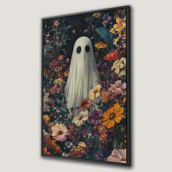 Framed Wall Art featuring a whimsical ghost in a floral garden. Dark, moody color palette with pops of orange, purple, and yellow. Perfect for Halloween decor.