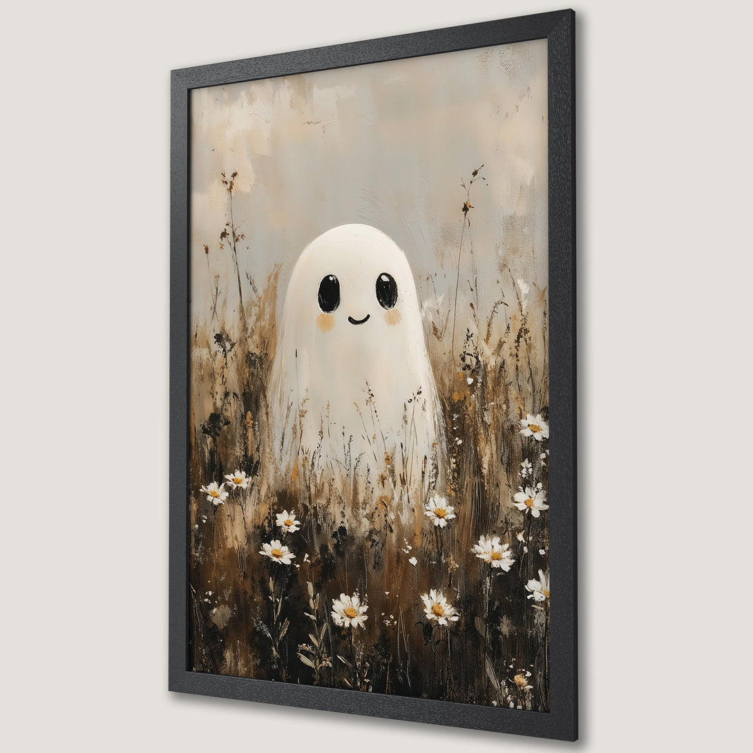 Framed Poster featuring a cute ghost in a field of flowers, painted in a whimsical, textured style with a neutral color palette.