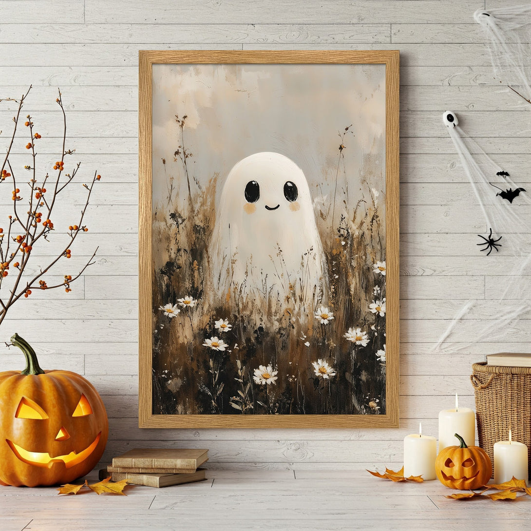 Framed Poster featuring a cute ghost in a field of flowers. Soft, whimsical style with a neutral, earthy color palette perfect for Halloween decor.