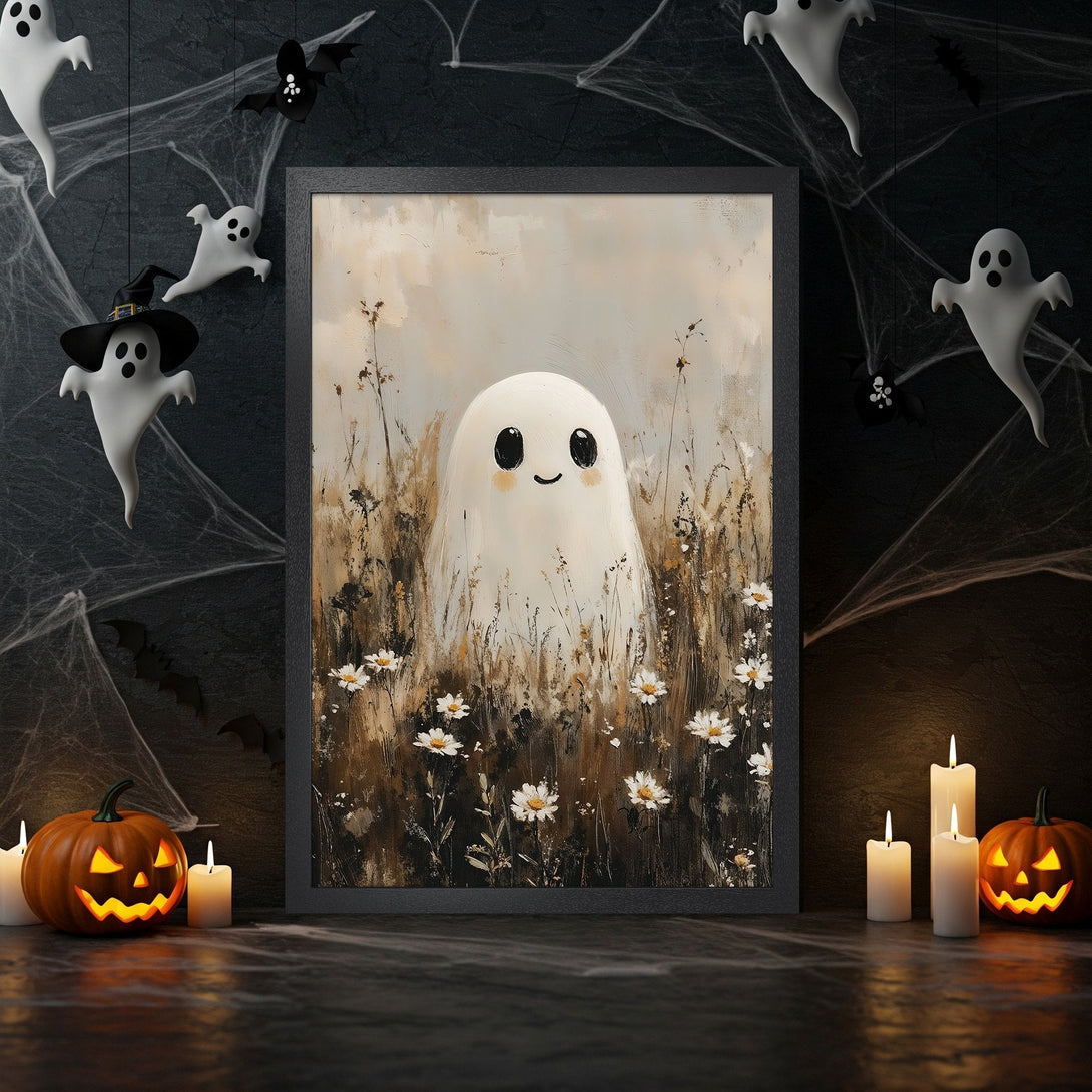 Framed Poster featuring a cute ghost in a field, painted in a whimsical style with a neutral and brown color palette, perfect Halloween decor.