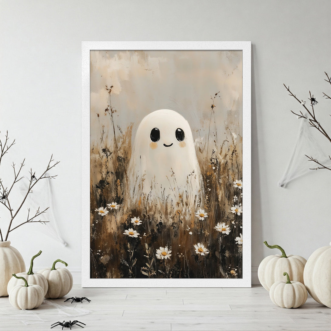 Framed Poster of a cute ghost in a field, painted in a whimsical style with a warm, neutral color palette. Perfect Halloween decor!