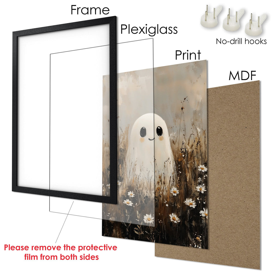 Framed Poster featuring a cute ghost in a field, neutral color palette, perfect for adding charm to your home!