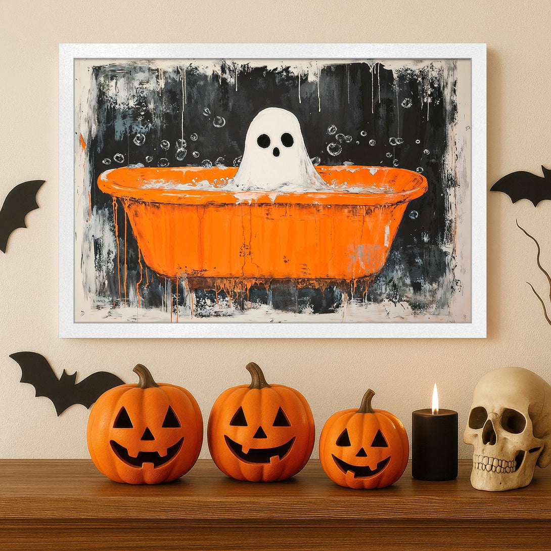 Framed Poster: Halloween ghost in orange tub, abstract style, black & white palette. Spooky wall art for your home!