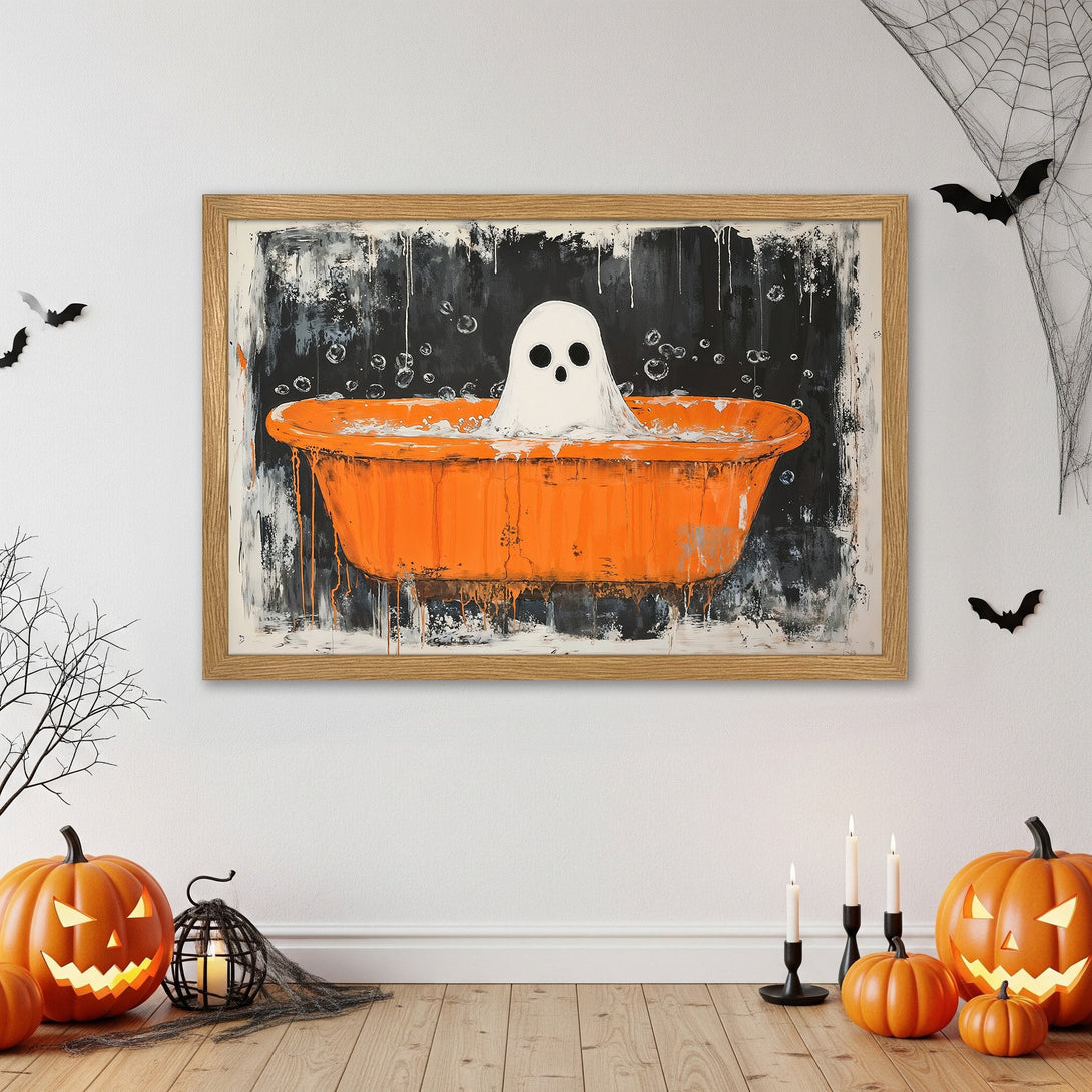 Framed Poster: Ghost in a Bathtub, Abstract Art, Halloween Decor, Orange & Black Palette. Spooky & Stylish!