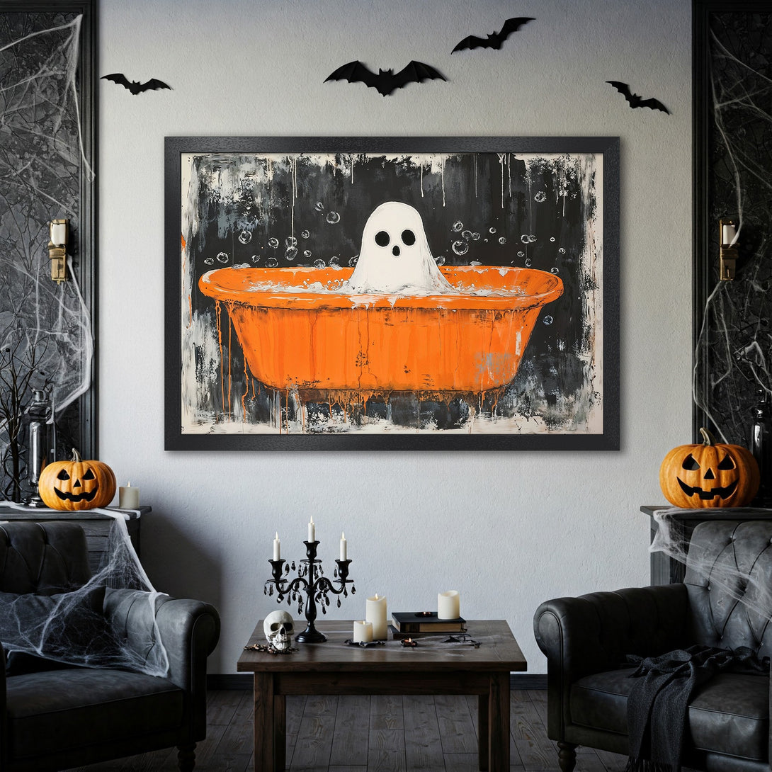 Framed Poster featuring a ghost in an orange tub, abstract style, black and orange Halloween decor.