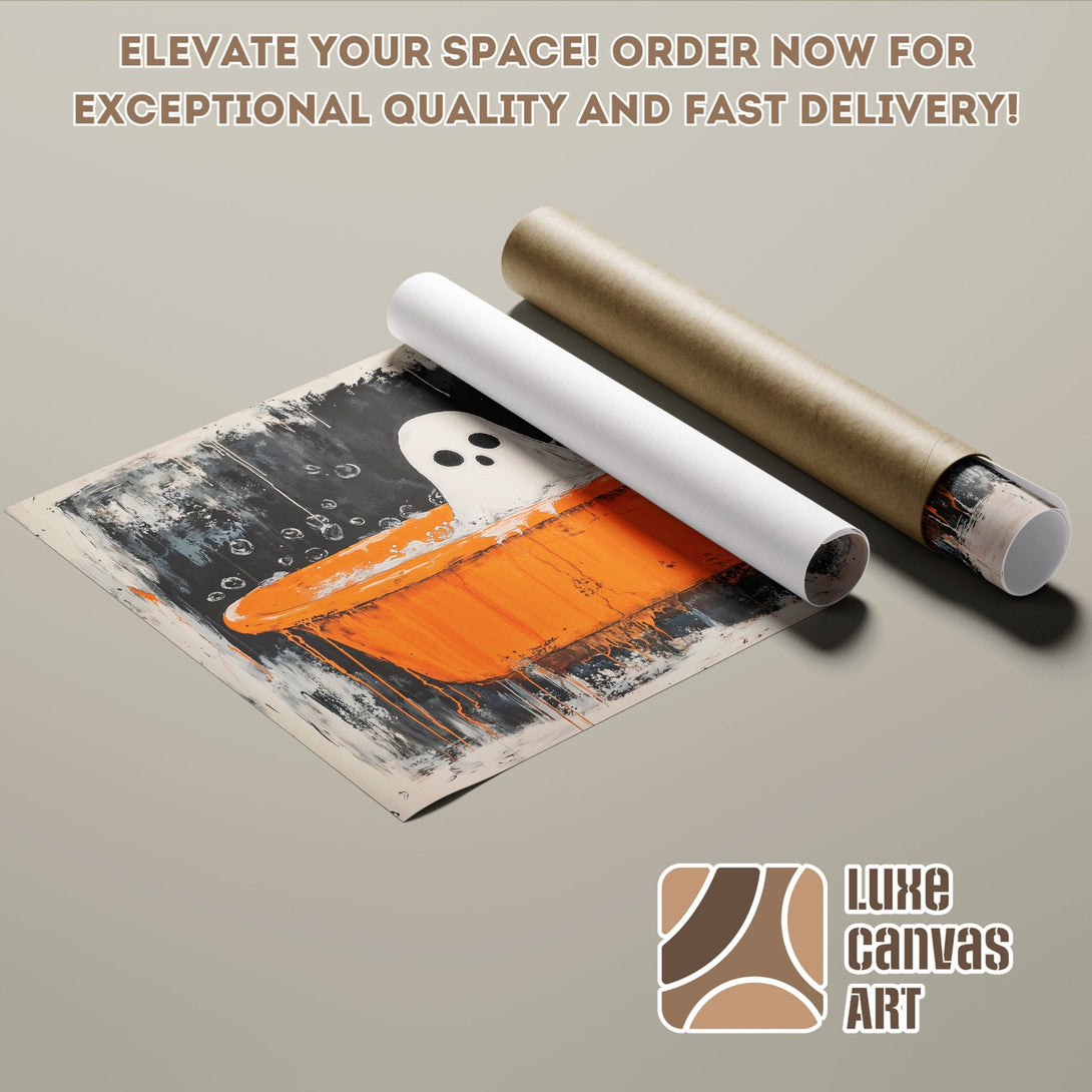 Abstract art poster roll featuring a ghost in orange and black, perfect for modern decor.