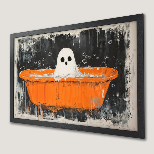 Framed Poster: Ghost in bathtub art print, abstract style, orange & black palette. Perfect wall decor for Halloween!