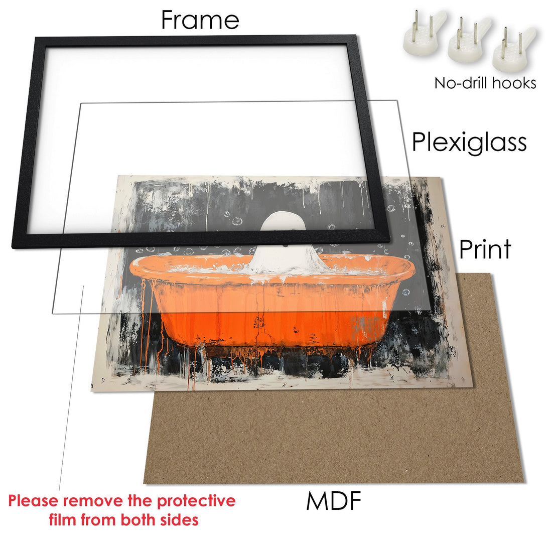Framed Poster featuring an abstract orange bathtub art piece. Modern style with a gray, black, and orange color palette. Ready to hang!
