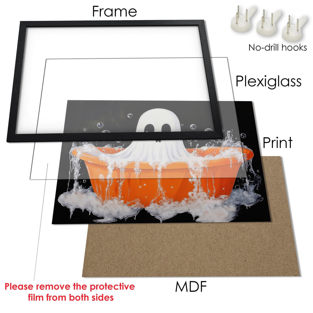 Framed Poster featuring a ghost in a bathtub, vibrant orange and black color palette. Perfect Halloween decor!