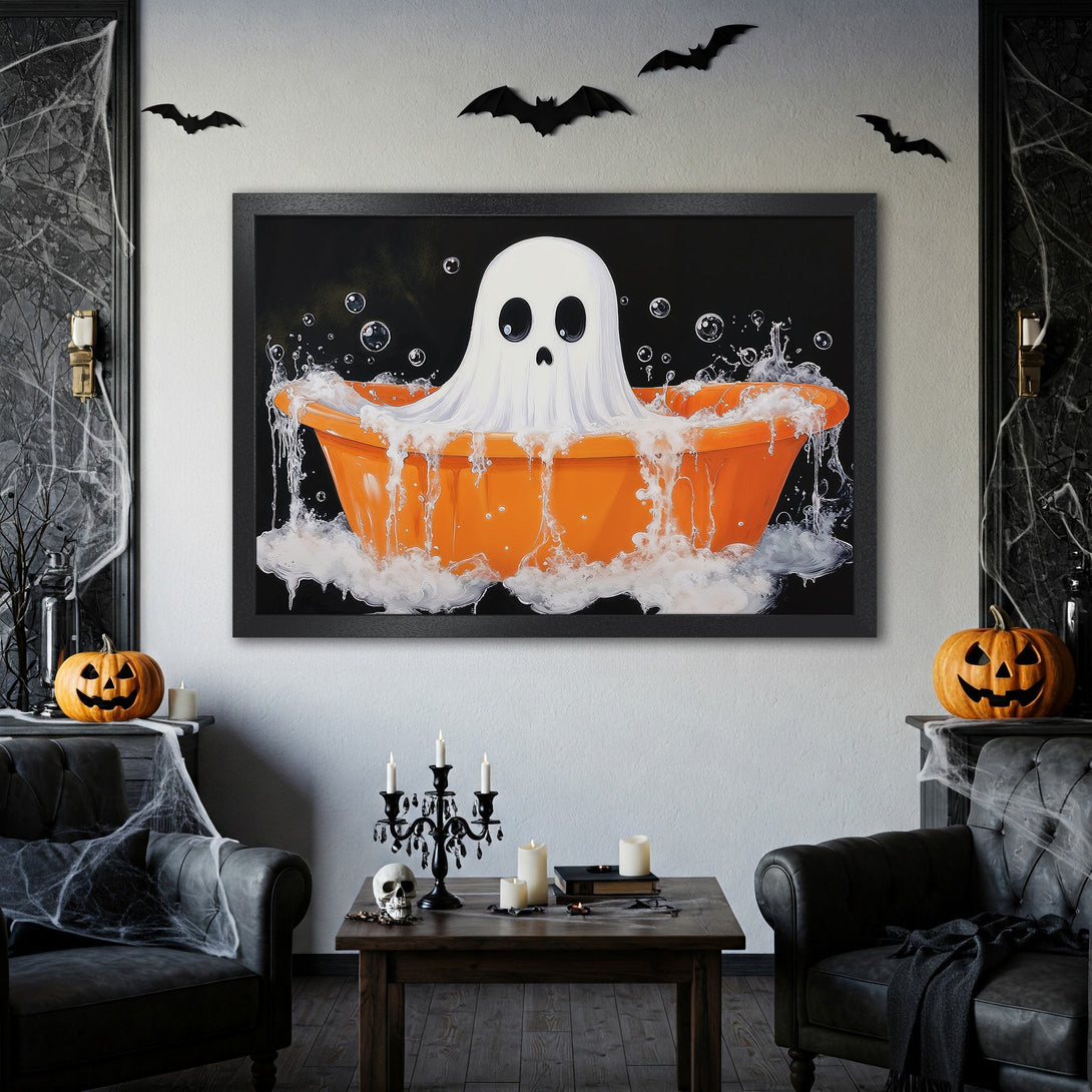 Framed Poster featuring a cute ghost in a bathtub, Halloween art in a playful style. Orange, black, and white color palette. Perfect for spooky decor!