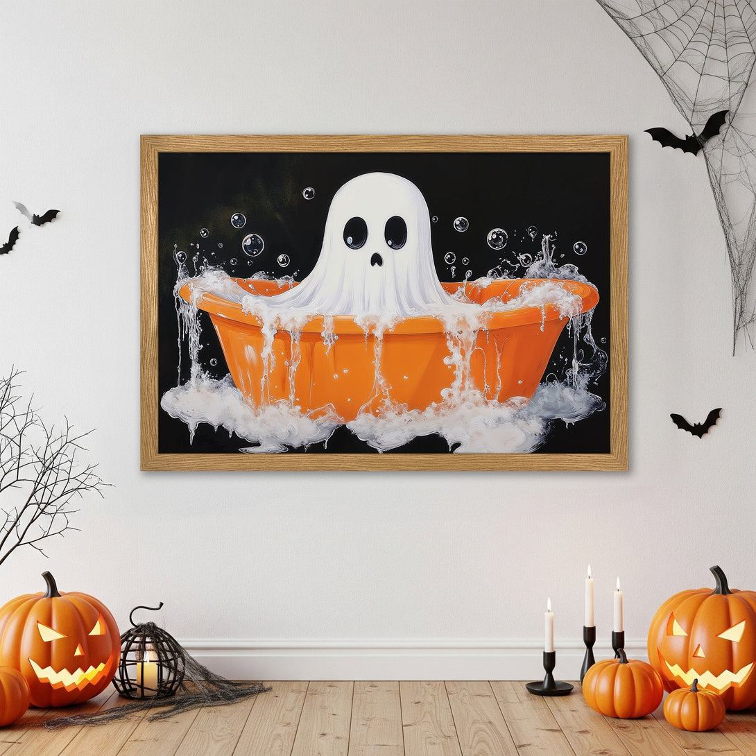 Framed Poster featuring a cute ghost in an orange tub, Halloween art in a playful style with black, orange, and white colors.