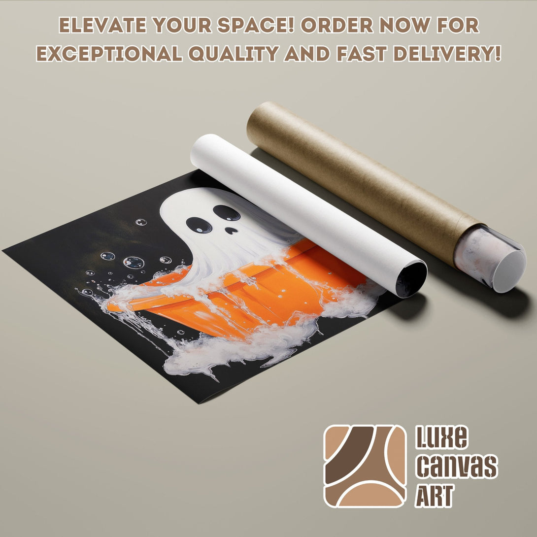 Halloween Ghost Poster Roll art print, black, orange, and white color palette. Order now!