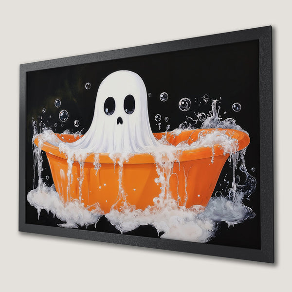 Framed Poster featuring a cute ghost in a bathtub, whimsical style, orange, black, and white color palette. Perfect Halloween decor!