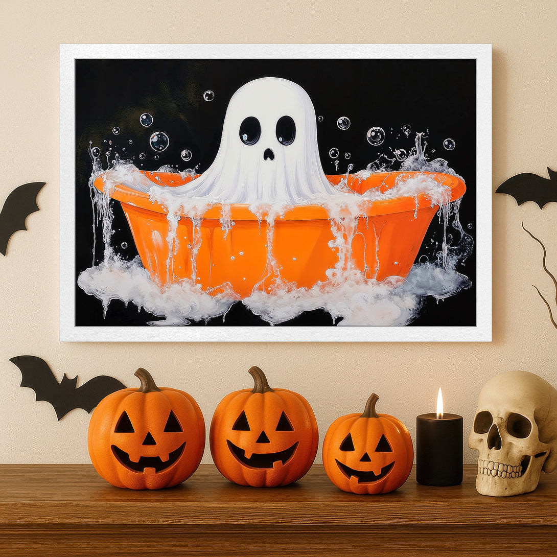 Framed Poster of a cute ghost in a tub, Halloween art in orange, black, and white. Perfect spooky decor!
