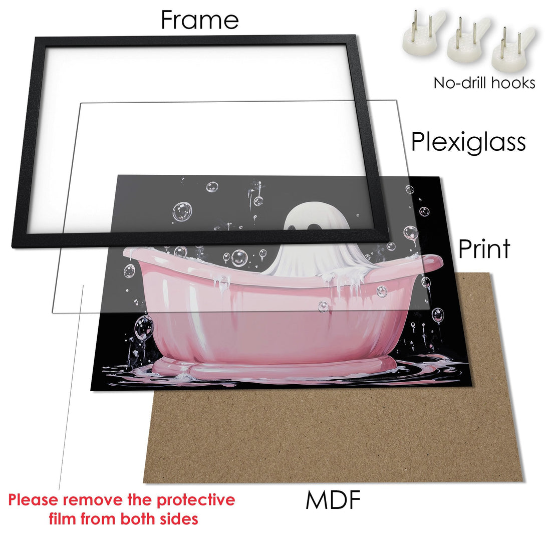 Framed Poster featuring a ghost in a pink bathtub, with a black, white, and pink color palette. Perfect wall art!