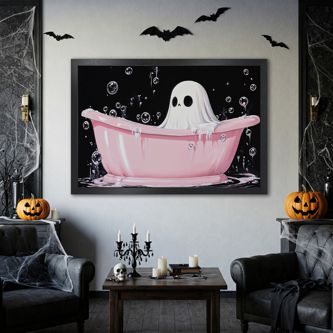 Framed Poster featuring a cute ghost in a pink bathtub. Whimsical Halloween art with a black and pink color palette. Perfect spooky decor!