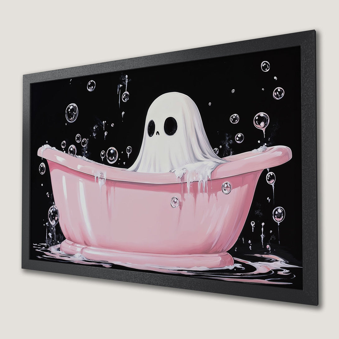 Framed Poster: Cute ghost in a pink bathtub with black background. Whimsical art style. Pastel pink, white, and black color palette. Perfect for Halloween!