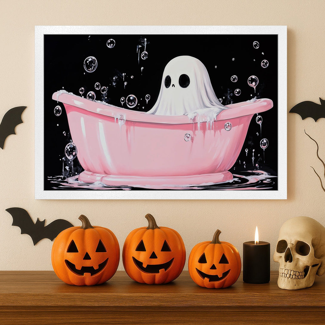 Framed Poster: Cute ghost in a pink bathtub, whimsical style, black, pink, and white color palette. Perfect Halloween decor.