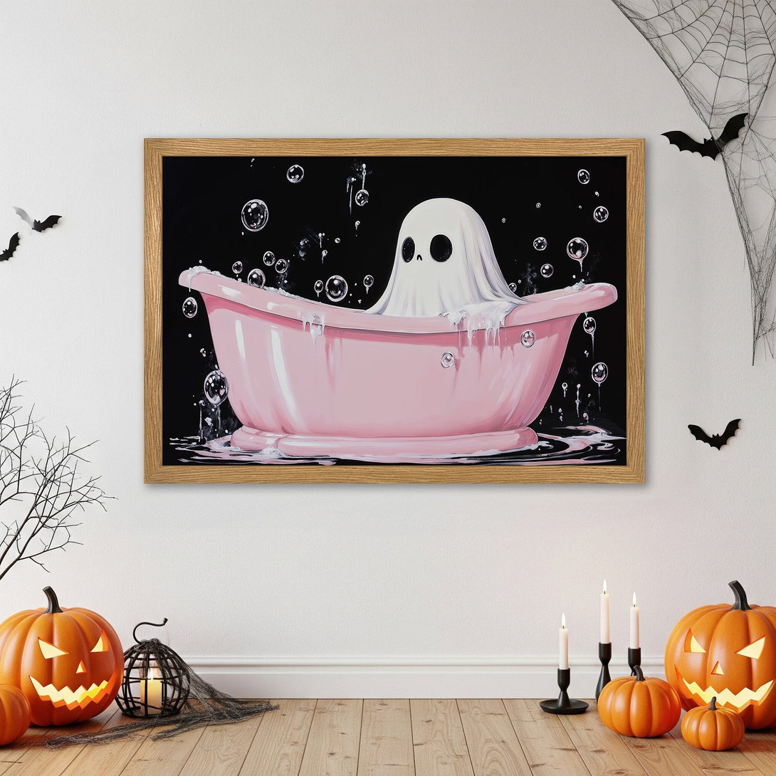 Framed Poster: Cute ghost in pink bathtub art, perfect Halloween decor. Pop art style with black, pink, and white color palette. Get your spooky poster now!
