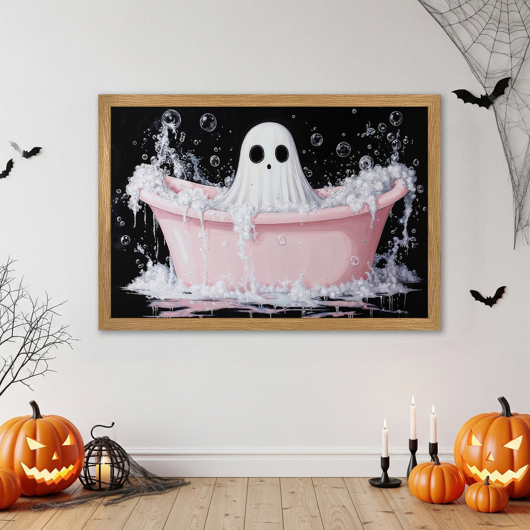 Framed Poster featuring a ghost in a pink bathtub. Whimsical illustration with a black, white, and pink color palette. Perfect Halloween decor!