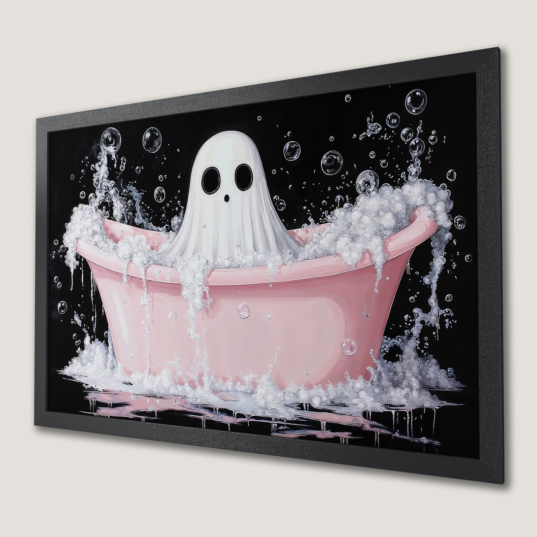Framed Poster featuring a ghost in a bathtub with a black background. Whimsical art with pink, white, and black color palette. Perfect Halloween decor.