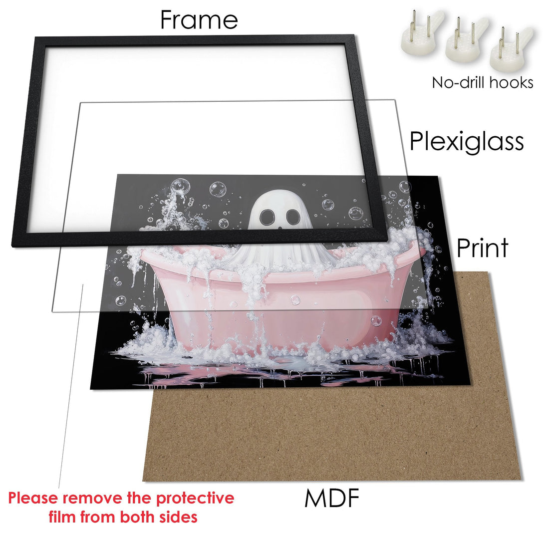 Framed Poster featuring a ghost in a bathtub, whimsical style, with pink, white, and black color palette. Perfect for Halloween!