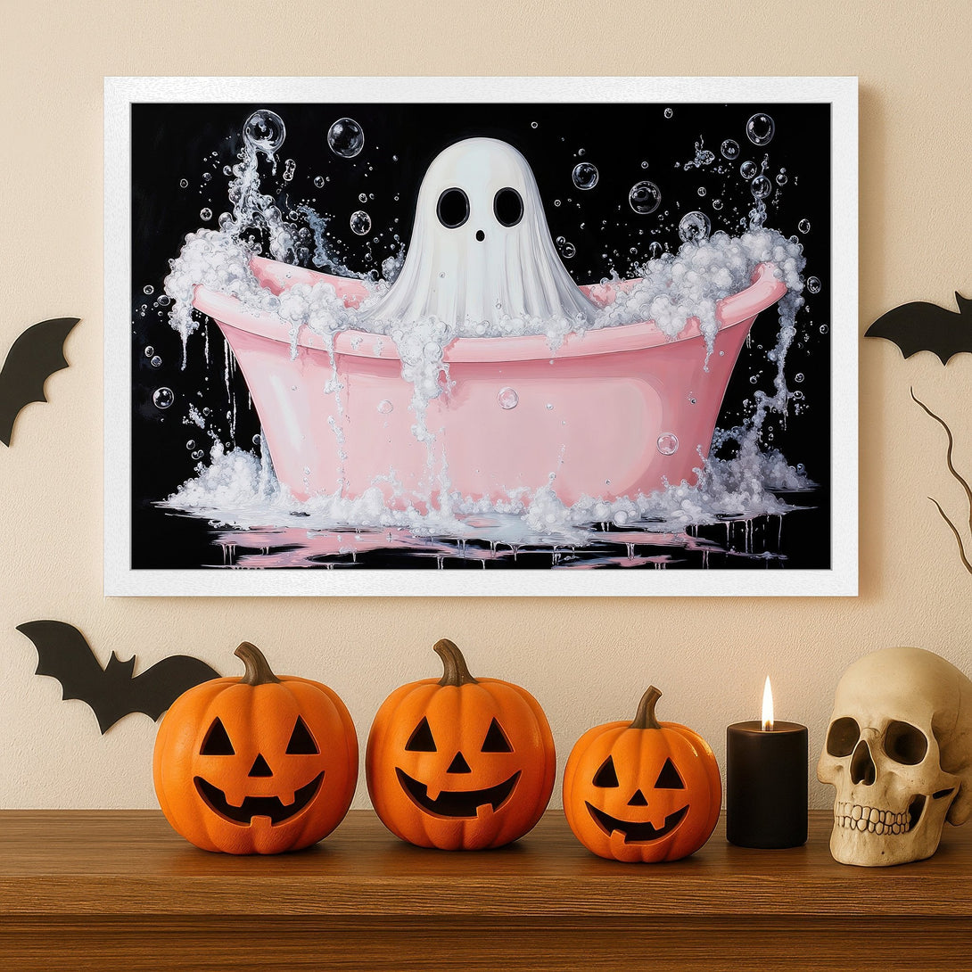 Framed Poster featuring a cute ghost in a bathtub, whimsical style, pink and black color palette, perfect for Halloween decor.