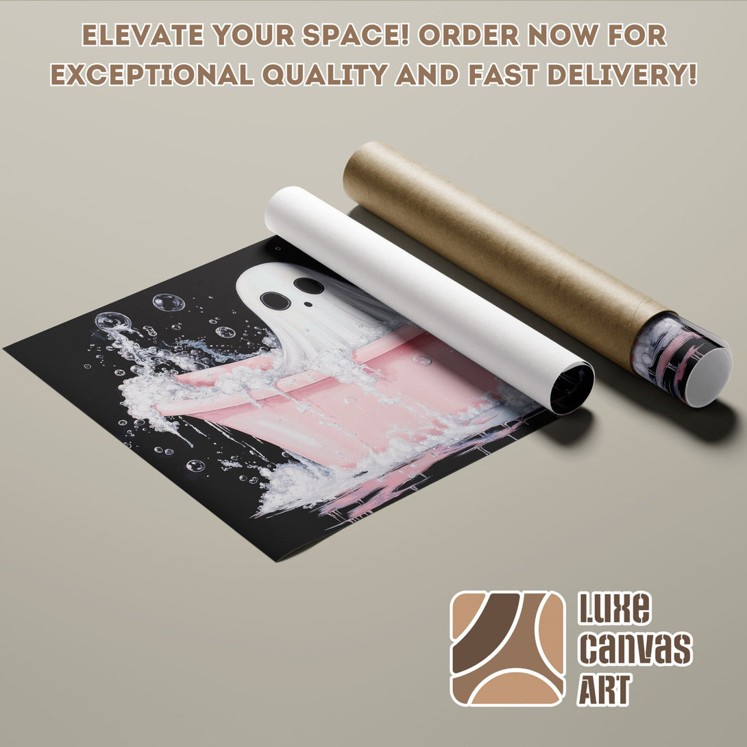 Poster Roll featuring a ghost in a pink bathtub, modern art, black & pink color palette.