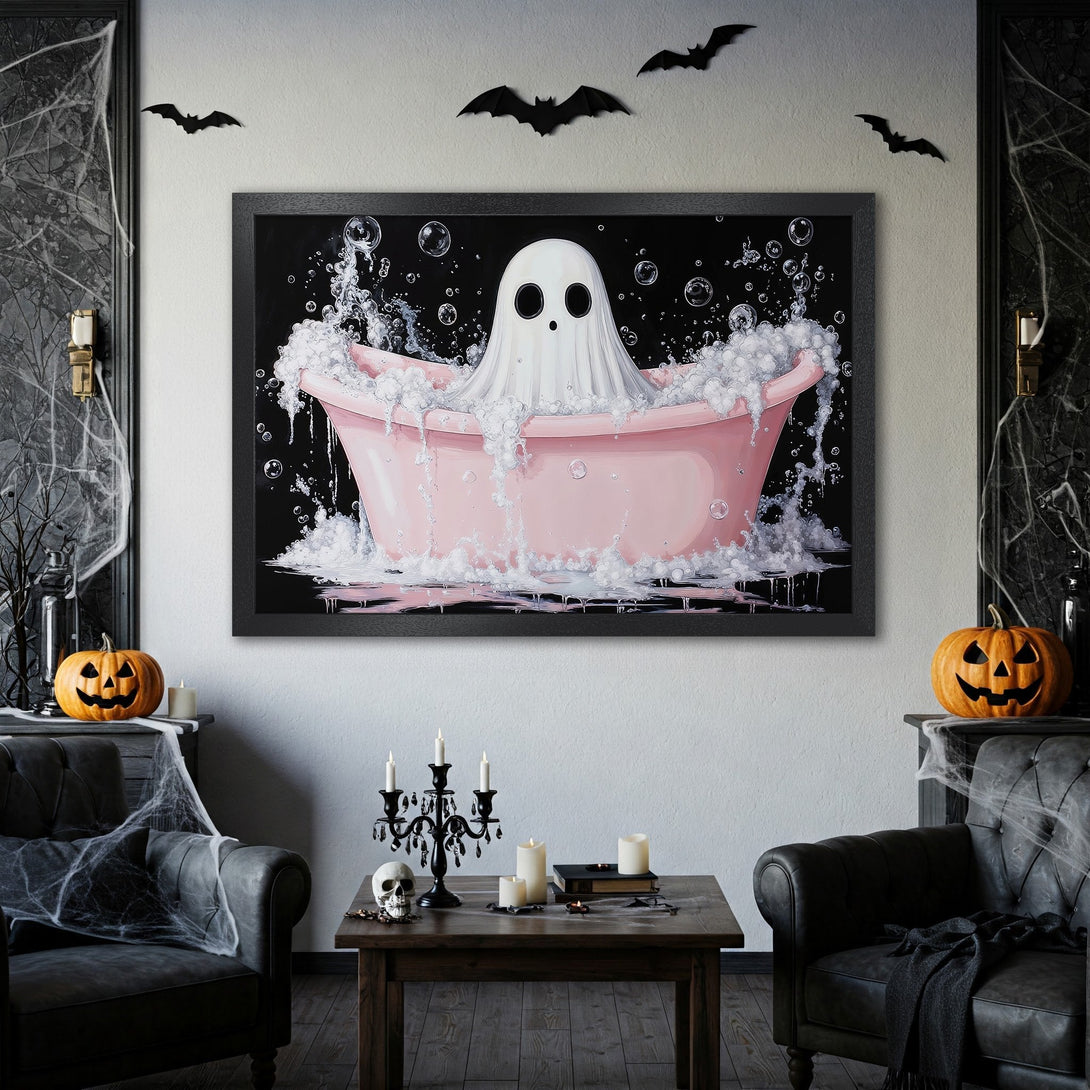 Framed Poster featuring a ghost in a bathtub, Halloween style, with pink and black color palette. Get spooky wall art!