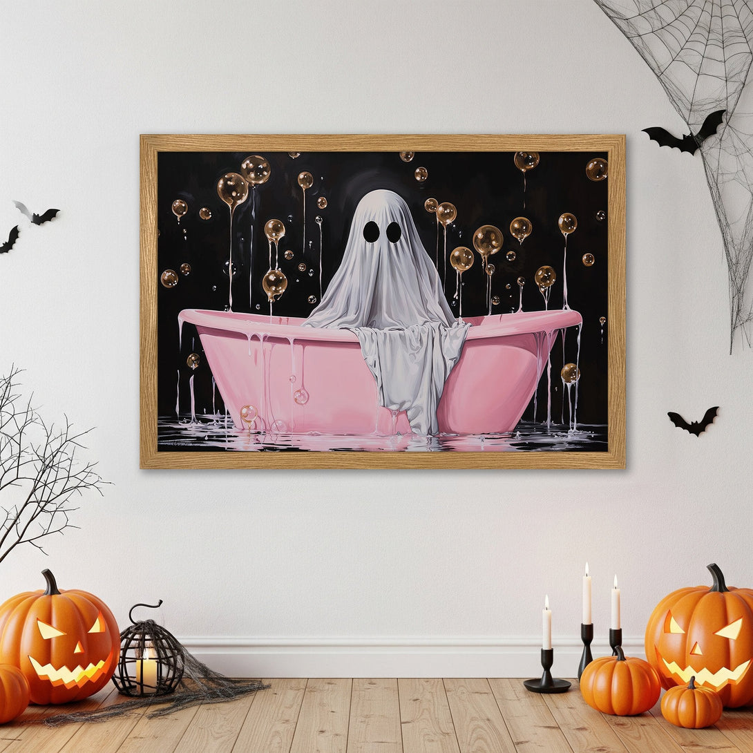 Framed Poster featuring a ghost in a pink bathtub, whimsical style, black and pink color palette, perfect Halloween decor.