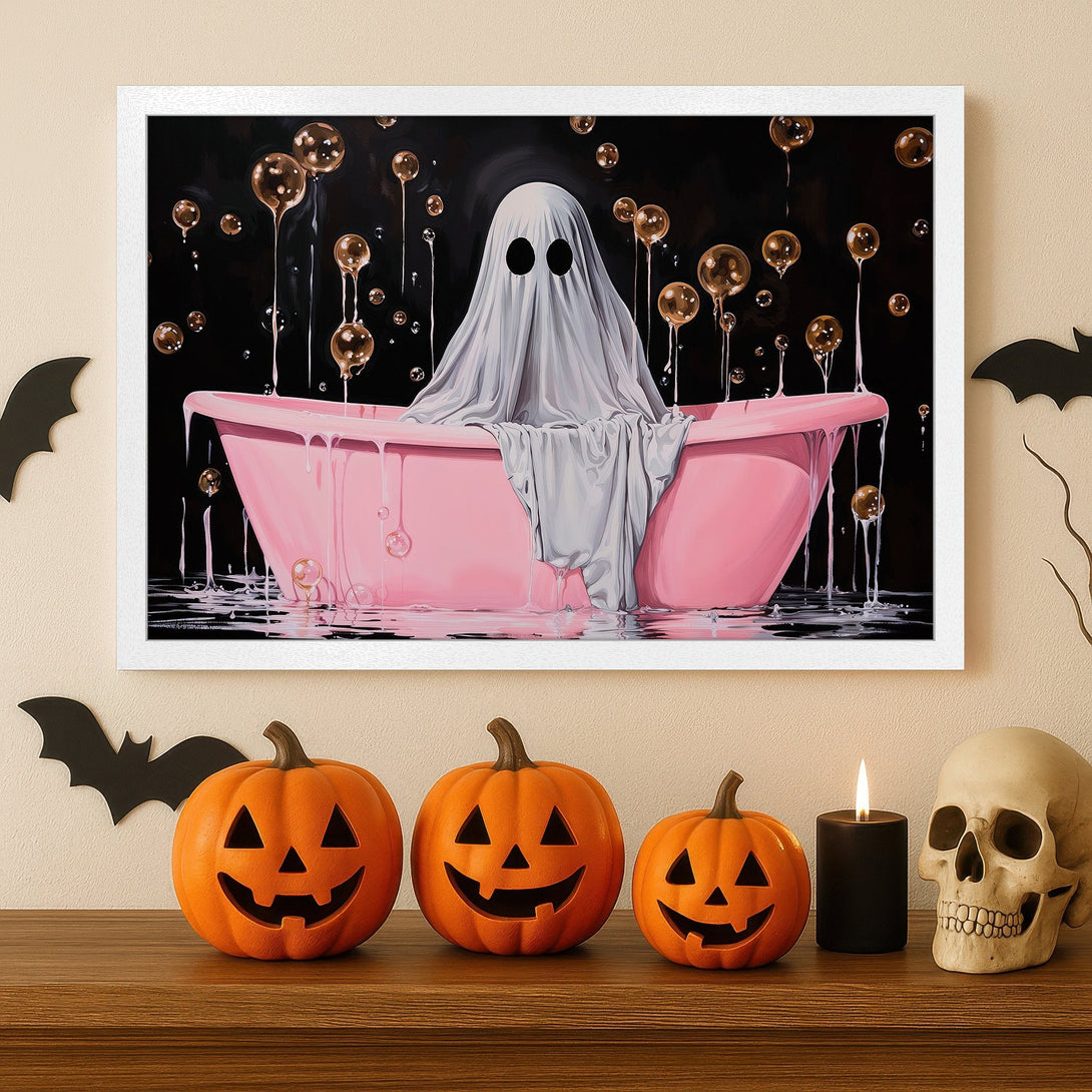 Framed Poster featuring a ghost in a pink bathtub, whimsical style, with a black, pink, and gold color palette. Perfect Halloween decor!