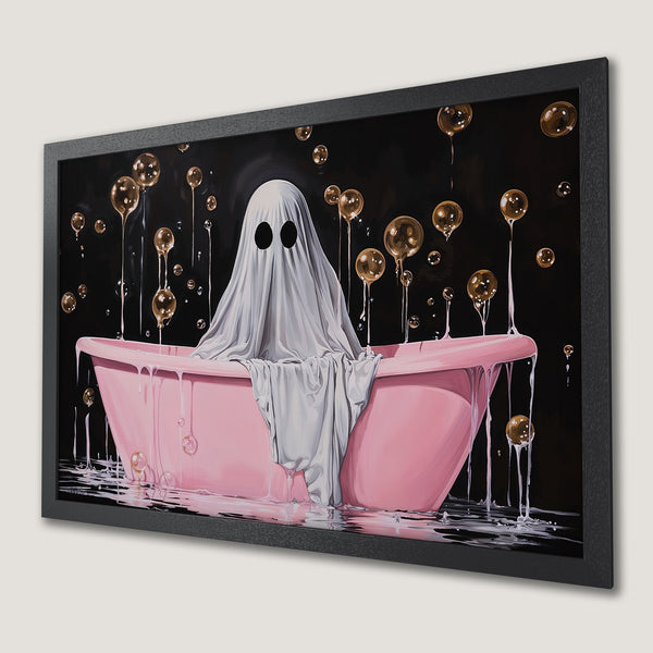 Framed Poster featuring a ghost in a pink bathtub with bubbles, dark background, and a playful, modern style.
