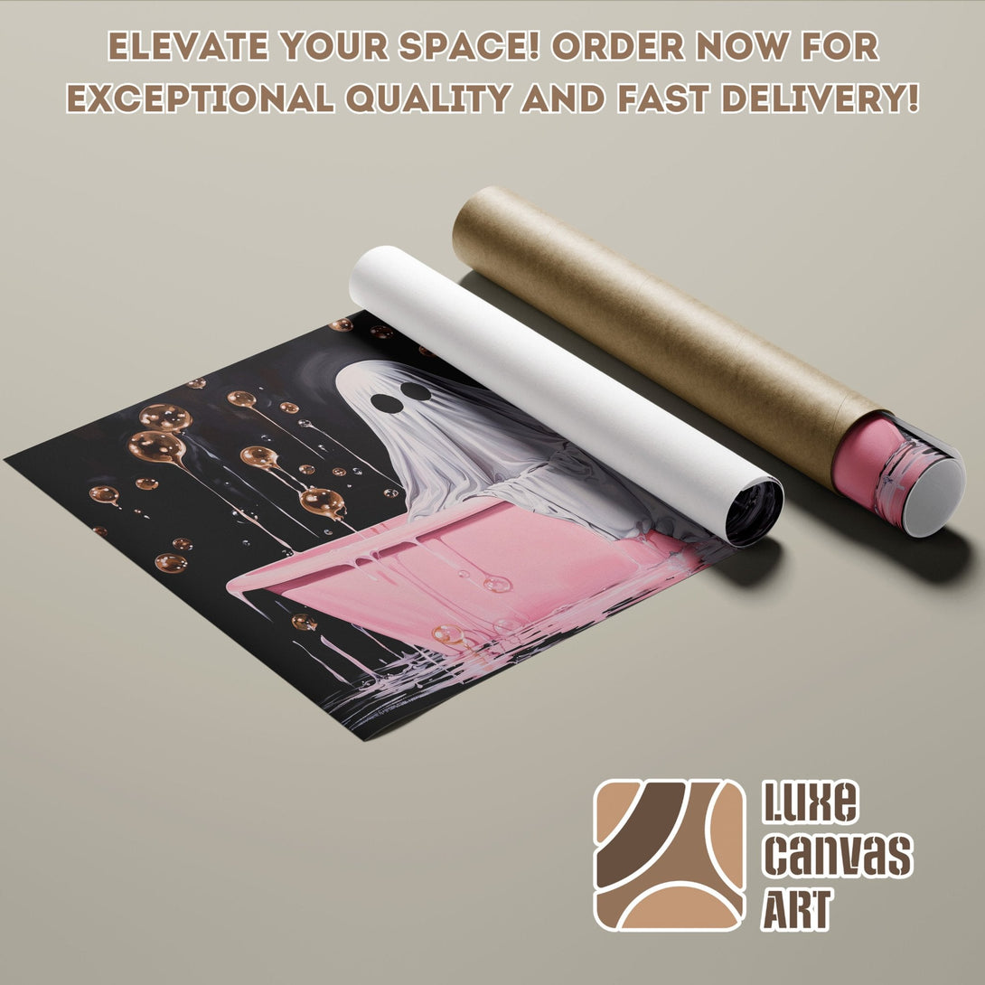 Poster Roll featuring a ghost in a pink bathtub, modern art style, black, pink, and gold color palette.