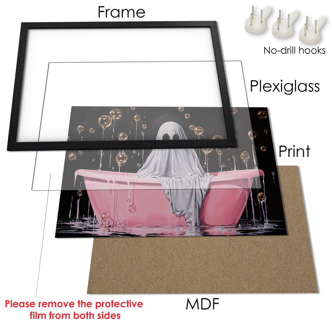 Framed Poster: Ghost in pink bathtub art print. Modern style, dark & pink color palette. Perfect wall decor for a spooky vibe!