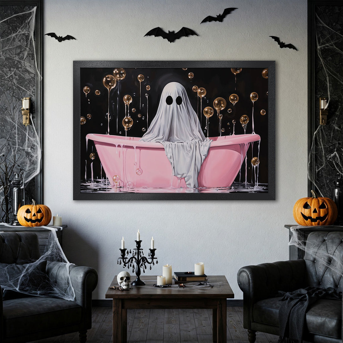 Framed Poster of a ghost in a pink bathtub, whimsical Halloween art. Black, pink, and gold color palette. Spooky home decor.