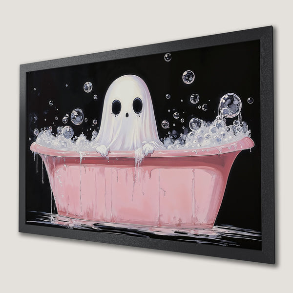 Framed Poster featuring a cute ghost in a pink bathtub, whimsical art style, black and pink color palette. Perfect wall decor!