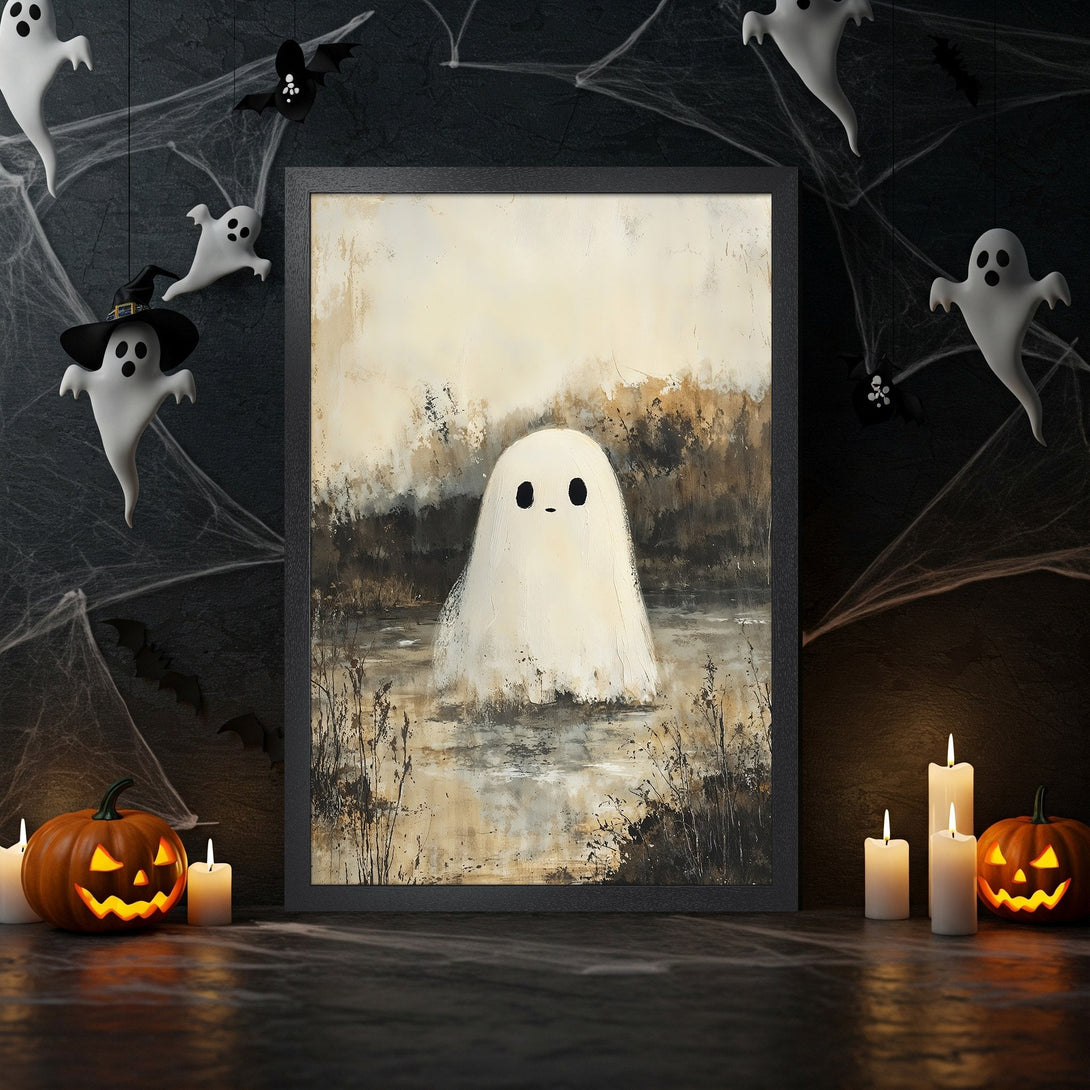 Framed Poster featuring a cute ghost in a serene, painterly style with a muted, earthy color palette. Perfect Halloween decor!