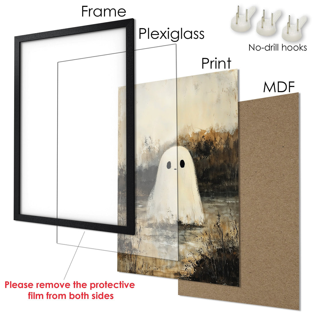 Framed Poster featuring a whimsical ghost art print in a neutral color palette. Perfect wall decor for any room!