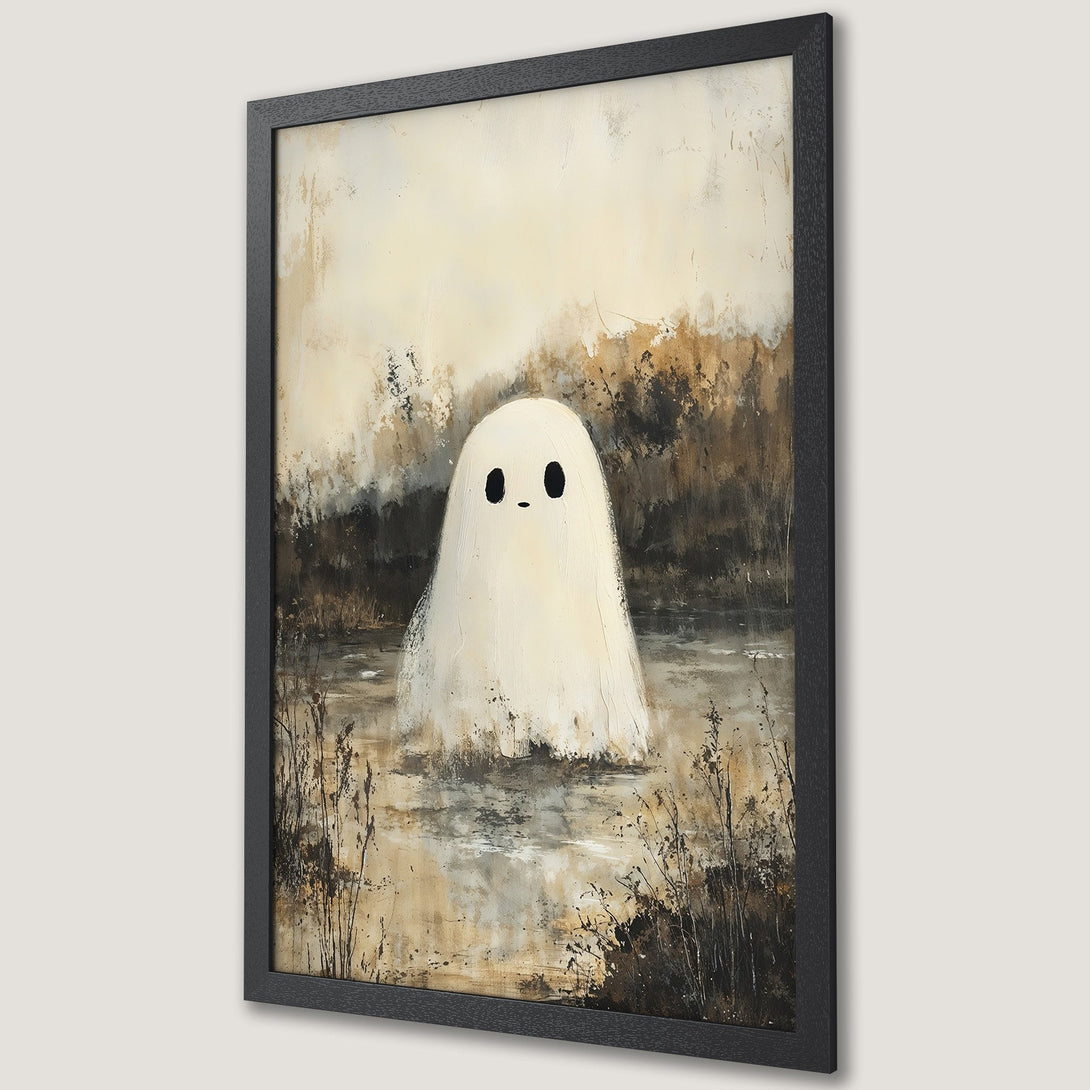 Framed Poster featuring an adorable ghost in a serene landscape. Artistic style with a muted, earthy color palette. Perfect for adding a touch of whimsy.