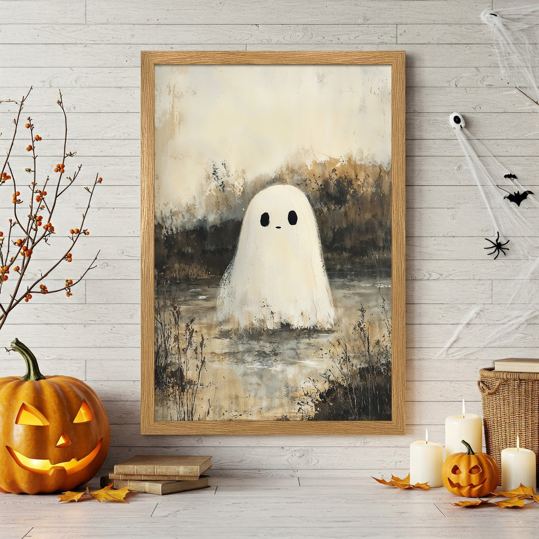 Framed Poster featuring a whimsical ghost in a serene landscape, painted in a neutral, earthy color palette. Perfect Halloween decor!
