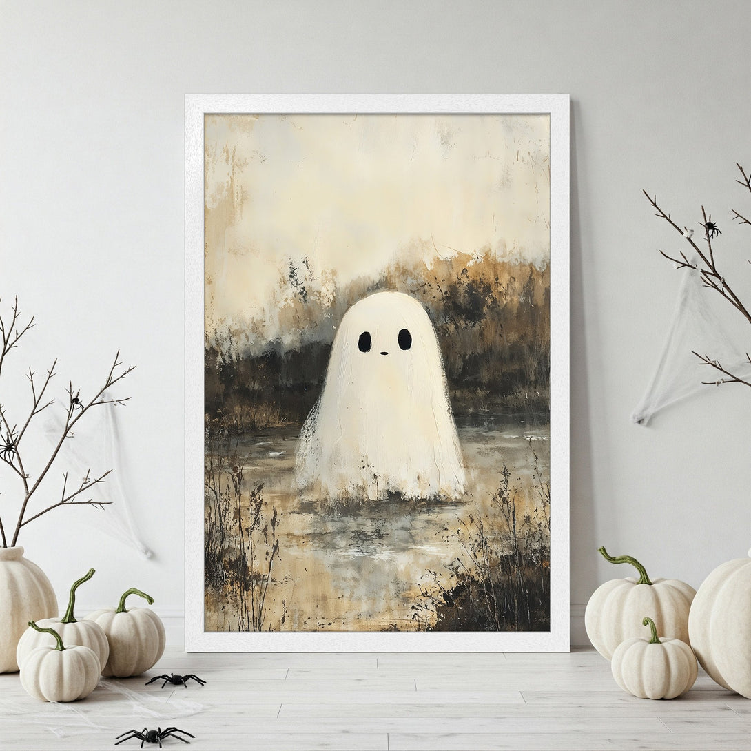 Framed Poster of a cute ghost in a swamp, with a neutral color palette. Perfect Halloween decor!