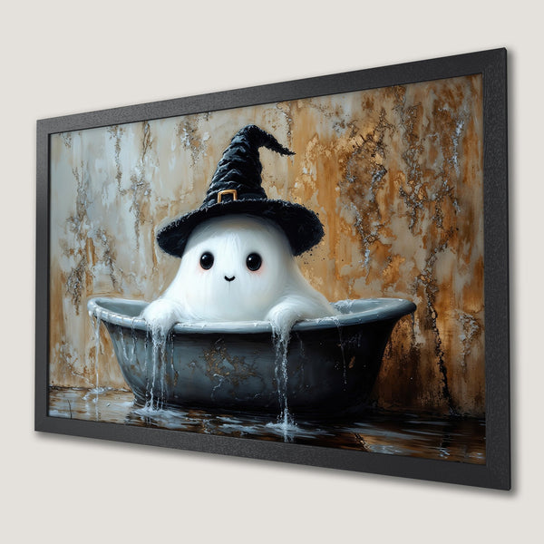 Framed Poster featuring a cute ghost in a witch hat, whimsical style, with a warm, earthy color palette. Perfect Halloween decor!