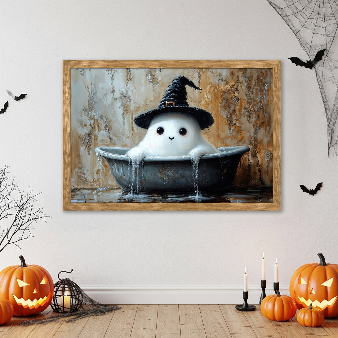 Framed Poster featuring a cute ghost in a witch hat, whimsical illustration with a warm, Halloween color palette. Perfect spooky decor!
