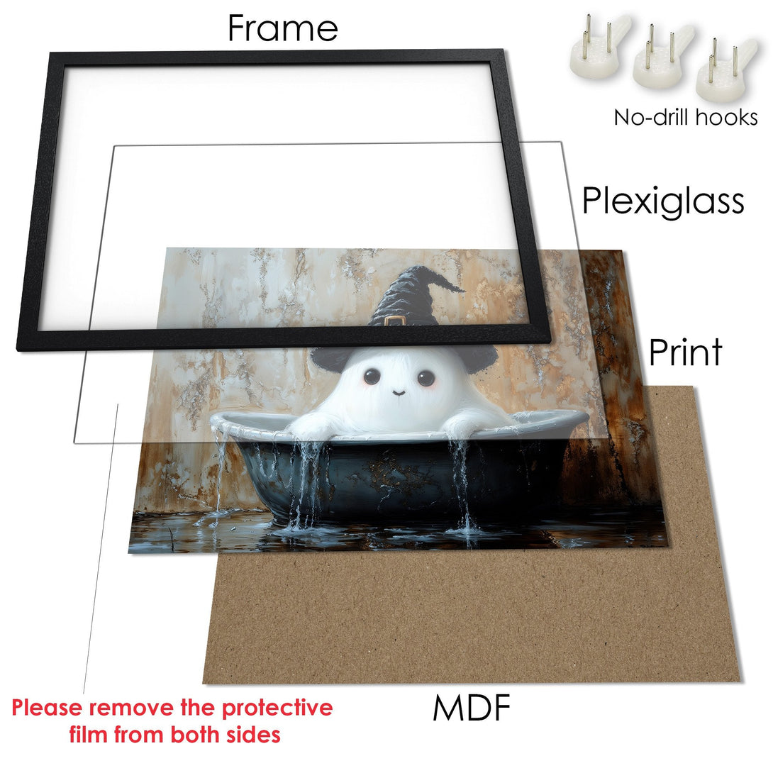 Framed Poster featuring a cute ghost in a bathtub, whimsical style, warm neutral color palette. Perfect Halloween decor!