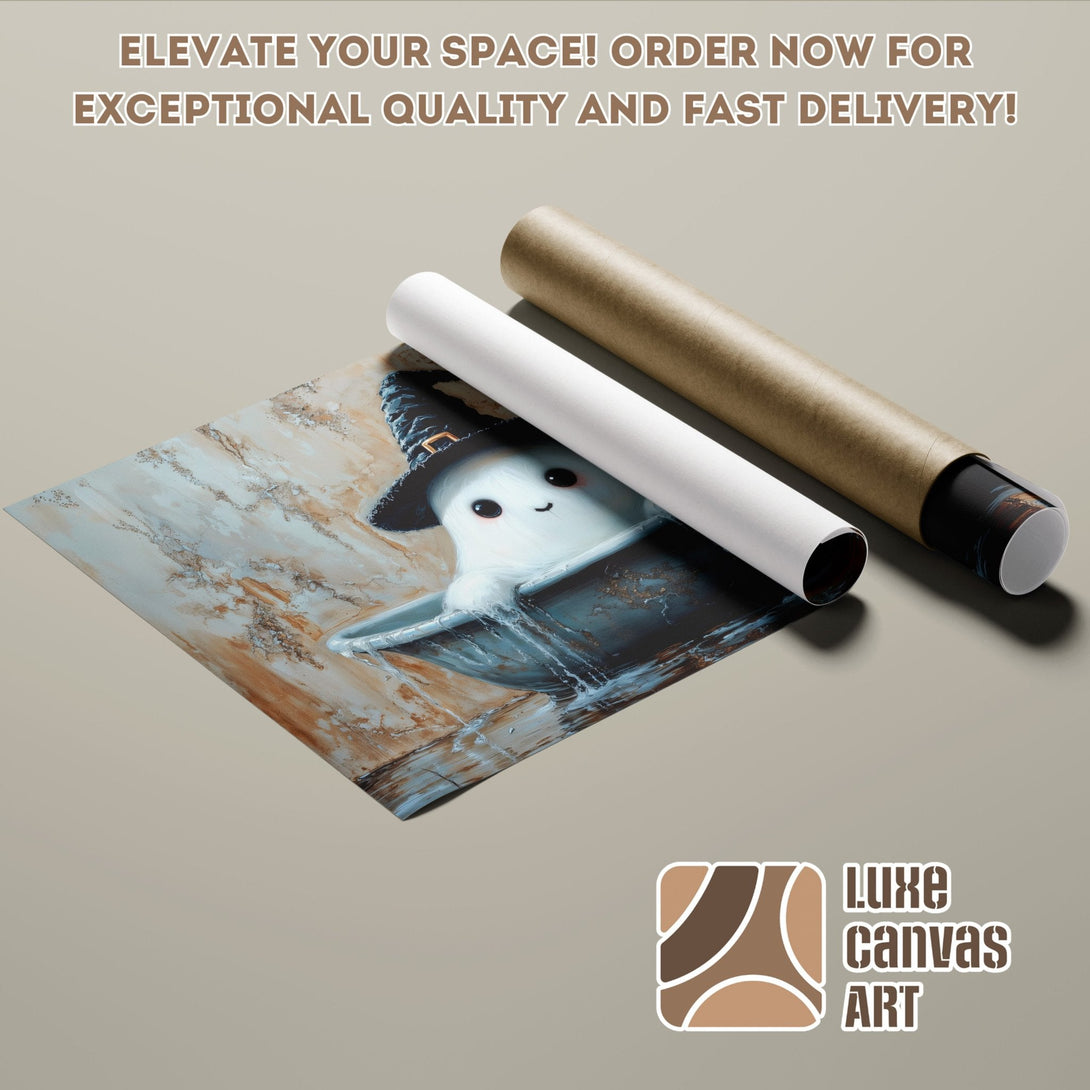 Whimsical ghost art poster roll, neutral tones. Elevate your space!