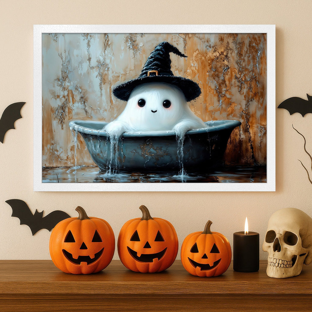Framed Poster featuring a cute ghost in a witch hat, whimsical style, warm color palette perfect for Halloween decor.