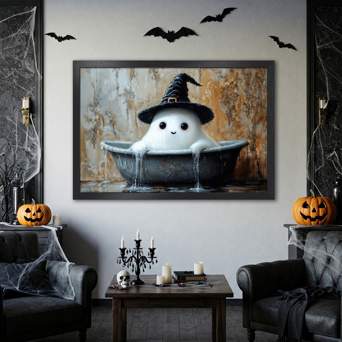 Framed Poster of a cute ghost in a witch hat, whimsical Halloween art with a warm, neutral color palette. Perfect spooky decor!