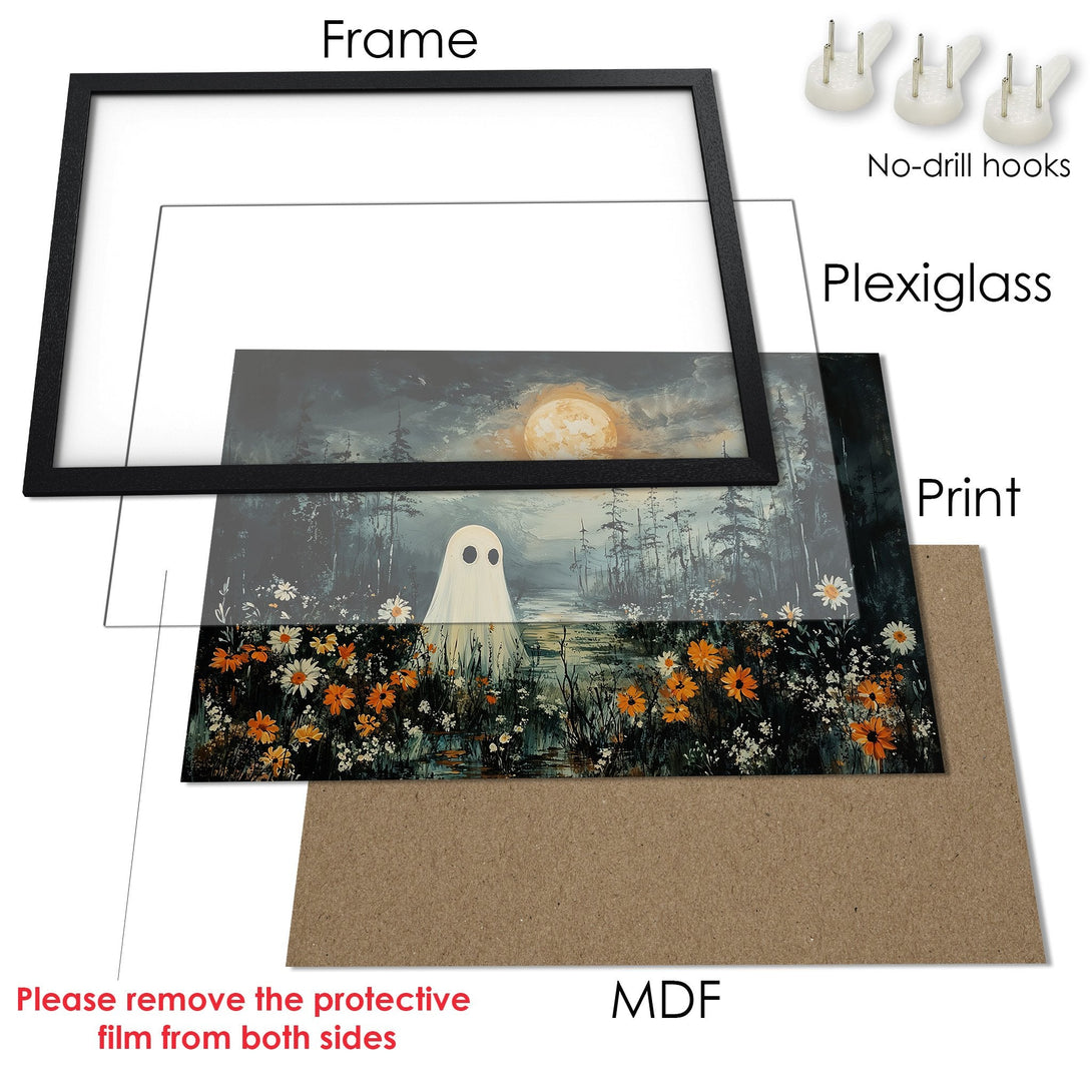 Framed Poster featuring a ghost in a forest scene with a muted color palette. Perfect for Halloween decor!